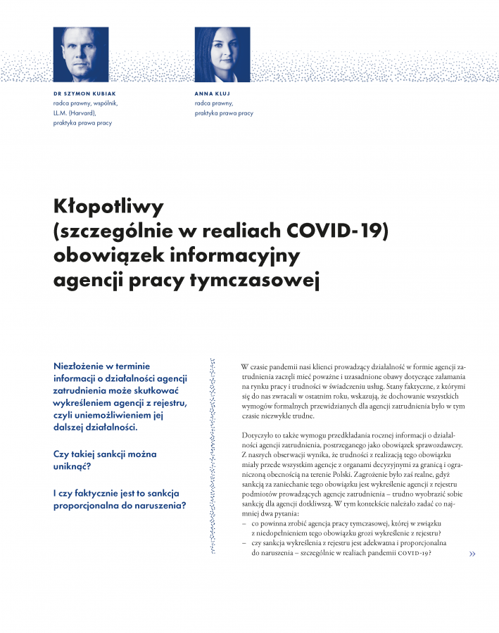 Kłopotliwy (szczególnie w realiach COVID-19) obowiązek informacyjny agencji pracy tymczasowej